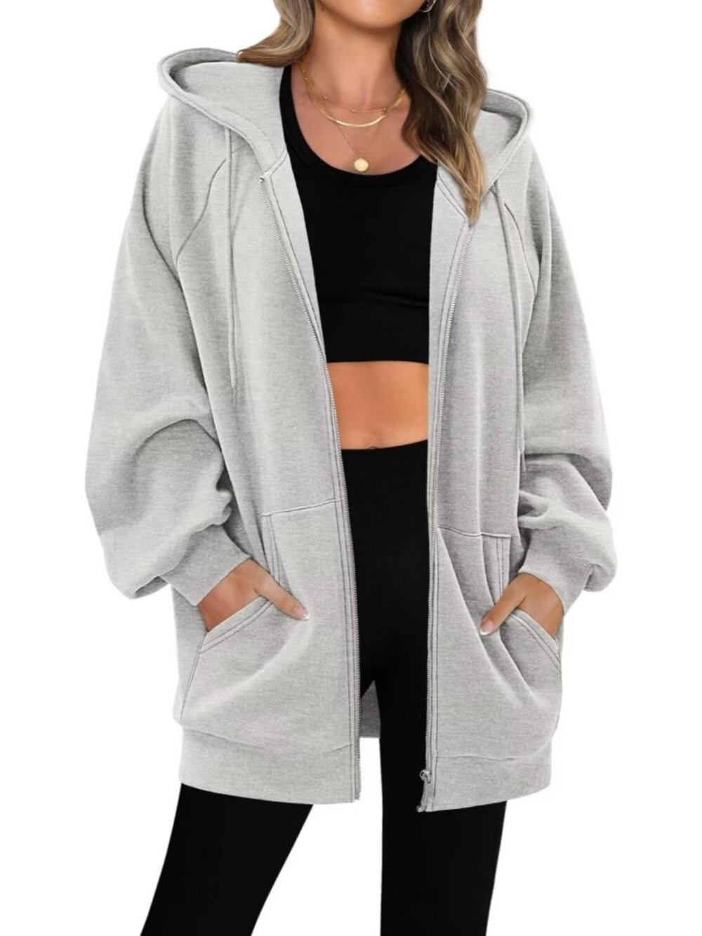 Women A Grey Oversized Shirts Casual Hooded Neck Long Sleeve Pocket Fall Jacket